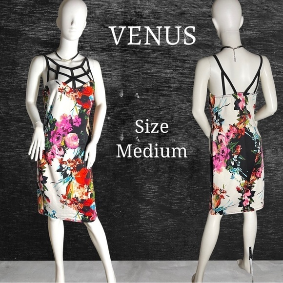 Venus Colorful Floral Strappy Cage Sheath Dress Size Medium Black White - Picture 1 of 14